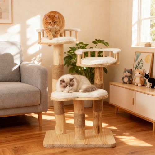 Arbre à Chat Hauteur 98 Cm En Bois, Avec 3 Plateformes, 1 Pompon, Tapis Amovibles