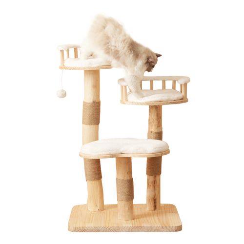 Arbre à Chat Hauteur 98 Cm En Bois, Avec 3 Plateformes, 1 Pompon, Tapis Amovibles