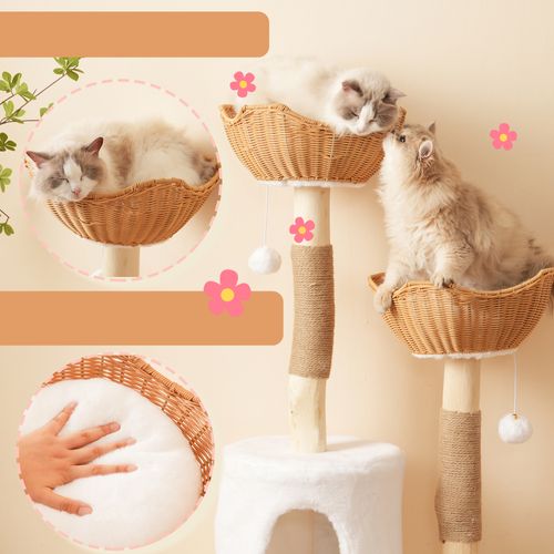 Arbre à Chat Hauteur 108 Cm En Bois, Avec 2 Paniers, 1 Niche, 2 Pompon, 2 Coussin Épais