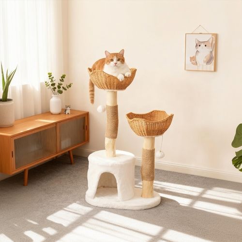 Arbre à Chat Hauteur 108 Cm En Bois, Avec 2 Paniers, 1 Niche, 2 Pompon, 2 Coussin Épais
