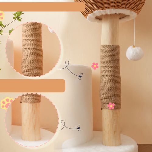Arbre à Chat Hauteur 108 Cm En Bois, Avec 2 Paniers, 1 Niche, 2 Pompon, 2 Coussin Épais