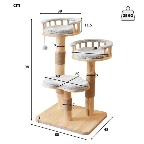 Arbre à Chat Hauteur 98 Cm En Bois, Avec 3 Plateformes, Coussins Et Balles De Jeu Amovibles