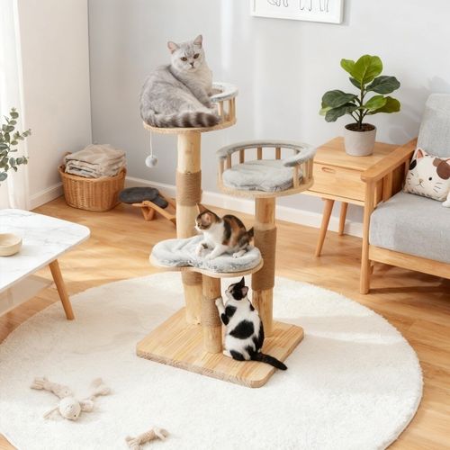 Arbre à Chat Hauteur 98 Cm En Bois, Avec 3 Plateformes, Coussins Et Balles De Jeu Amovibles