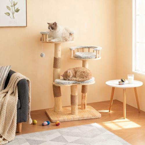 Arbre à Chat Hauteur 98 Cm En Bois, Avec 3 Plateformes, Coussins Et Balles De Jeu Amovibles