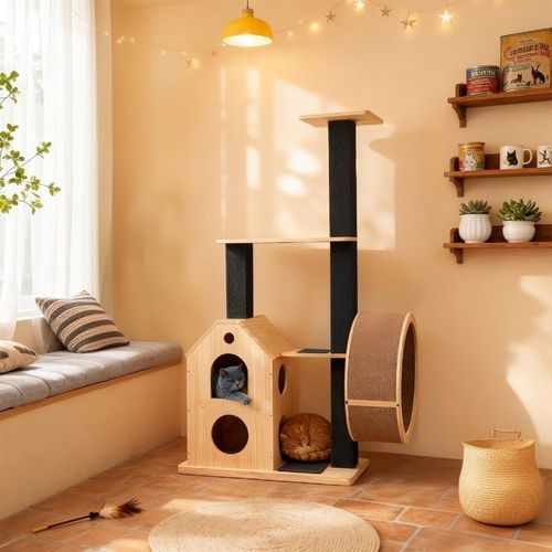 Arbre à Chat Hauteur 152 Cm, Avec 4 Plateforme, 2 Niches, Rouleau Pour Chat