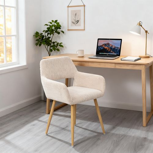 Chaise De Bureau Scandinave Assise Rembourrée Tissu Côtelé Pieds Bois Beige