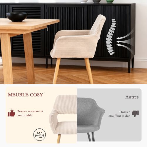 Chaise De Bureau Scandinave Assise Rembourrée Tissu Côtelé Pieds Bois Beige