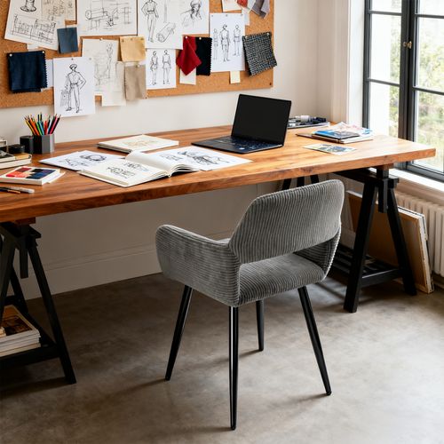 Chaise De Bureau Scandinave Assise Rembourrée Tissu Côtelé Pieds Métal Gris Foncé