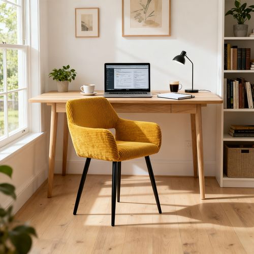 Chaise De Bureau Scandinave Assise Rembourrée Tissu Côtelé Pieds Métal Jaune