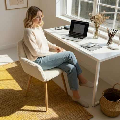 Chaise De Bureau Scandinave Assise Rembourrée Tissu Laine Pieds Bois Beige