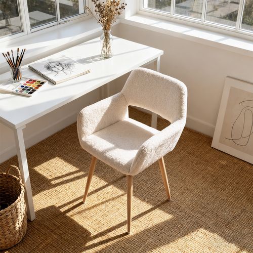 Chaise De Bureau Scandinave Assise Rembourrée Tissu Laine Pieds Bois Beige