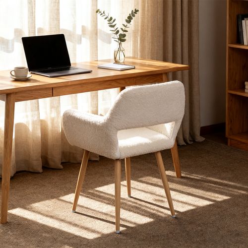 Chaise De Bureau Scandinave Assise Rembourrée Tissu Laine Pieds Bois Beige