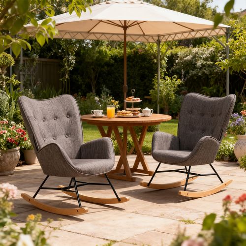 Lot De 2 Fauteuils à Bascule De Jardin Scandinaves - Tissu Gris Foncé Et Pieds Métal