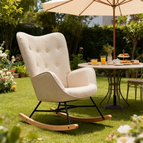 Lot De 2 Fauteuils à Bascule De Jardin - Tissu Beige Intemporel Et Pieds Métal