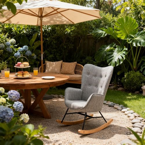 Chaise à Bascule De Jardin Scandinave - Tissu Gris Clair Pour Extérieur Abrité