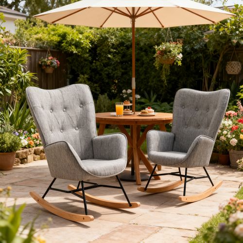 Lot De 2 Fauteuils à Bascule De Jardin Scandinaves - Tissu Gris Et Pieds Bois Métal