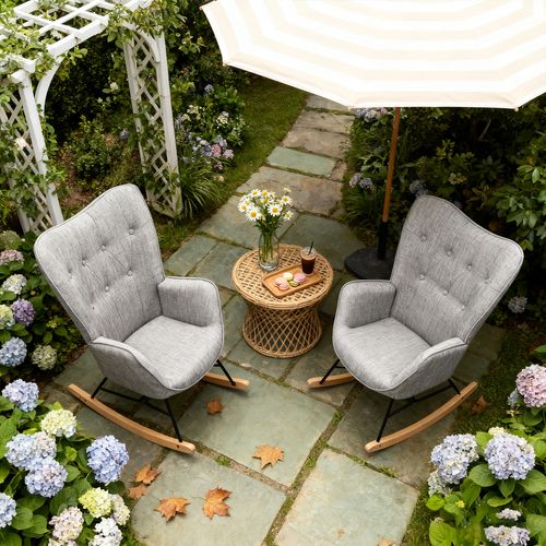 Lot De 2 Fauteuils à Bascule De Jardin Scandinaves - Tissu Gris Et Pieds Bois Métal