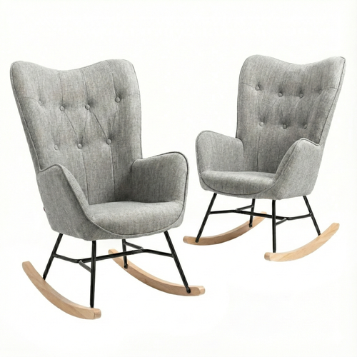 Lot De 2 Fauteuils à Bascule De Jardin Scandinaves - Tissu Gris Et Pieds Bois Métal