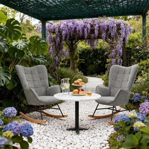 Lot De 2 Fauteuils à Bascule De Jardin - Revêtement Tissu Et Pieds Bois Métal