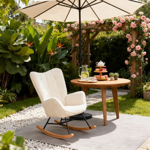 Lot De 2 Fauteuils à Bascule De Jardin - Tissu Bouclette Beige Pour Extérieur Abrité
