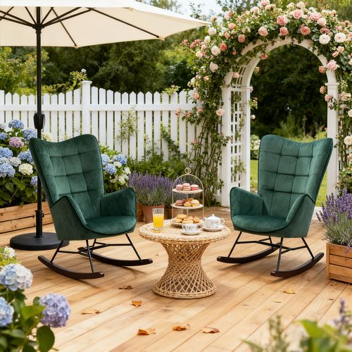 Lot De 2 Fauteuils à Bascule De Jardin - Velours Vert Pour Extérieur Abrité