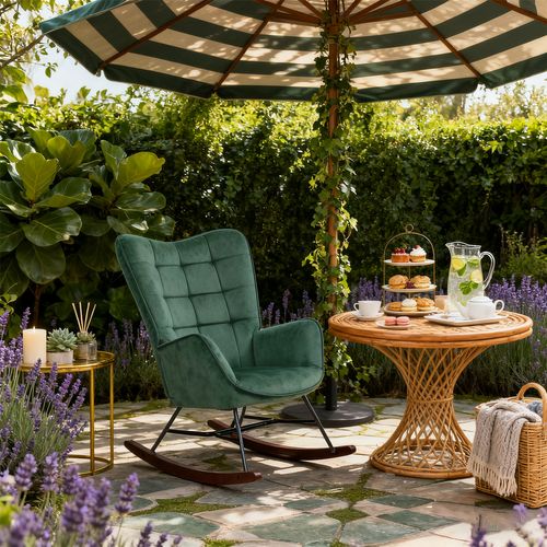 Lot De 2 Fauteuils à Bascule De Jardin - Velours Vert Pour Extérieur Abrité