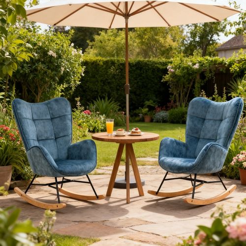 Lot De 2 Fauteuils à Bascule De Jardin – Tissu Bleu, Pieds En Bois, Style Nordique