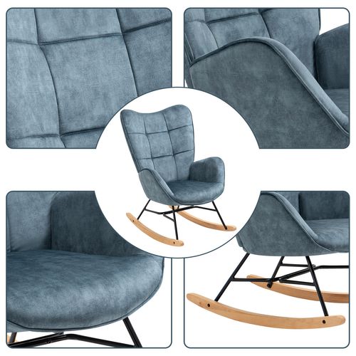 Lot De 2 Fauteuils à Bascule De Jardin – Tissu Bleu, Pieds En Bois, Style Nordique