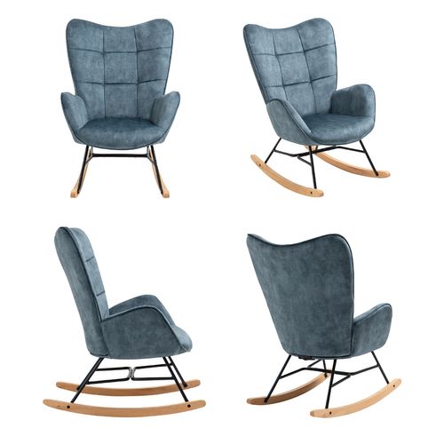 Lot De 2 Fauteuils à Bascule De Jardin – Tissu Bleu, Pieds En Bois, Style Nordique