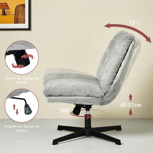 Fauteuil Salon Pivotant Sur 360°, Réglable En Hauteur, Sans Accoudoirs, En Tissu Chenille, Gris