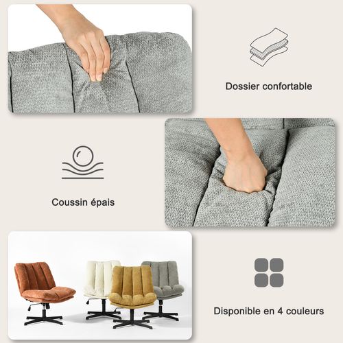 Fauteuil Salon Pivotant Sur 360°, Réglable En Hauteur, Sans Accoudoirs, En Tissu Chenille, Gris
