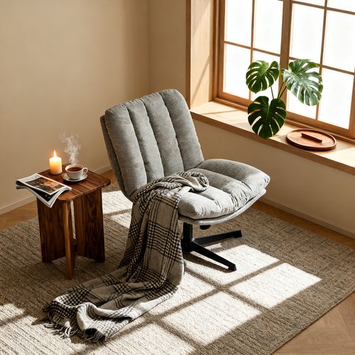 Fauteuil Salon Pivotant Sur 360°, Réglable En Hauteur, Sans Accoudoirs, En Tissu Chenille, Gris