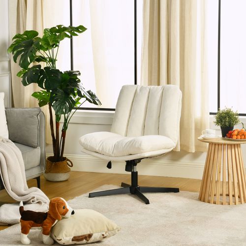Fauteuil Salon Pivotant Sur 360°, Réglable En Hauteur, Sans Accoudoirs, En Tissu Chenille, Beige