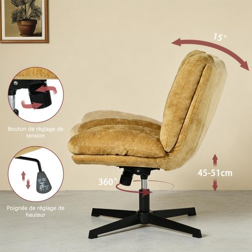 Fauteuil Salon Pivotant Sur 360°, Réglable En Hauteur, Sans Accoudoirs, En Tissu Chenille, Jaune