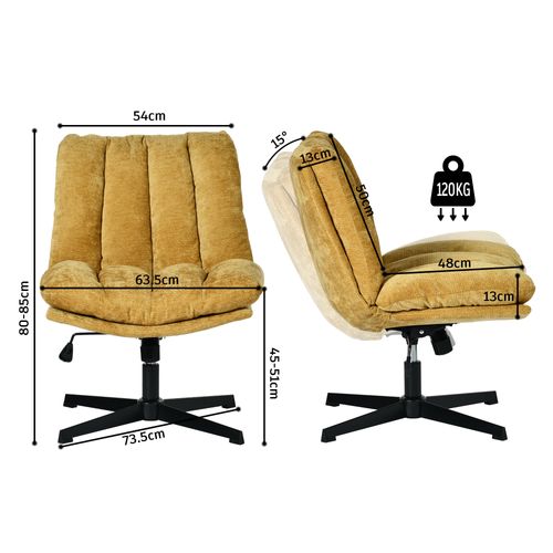 Fauteuil Salon Pivotant Sur 360°, Réglable En Hauteur, Sans Accoudoirs, En Tissu Chenille, Jaune