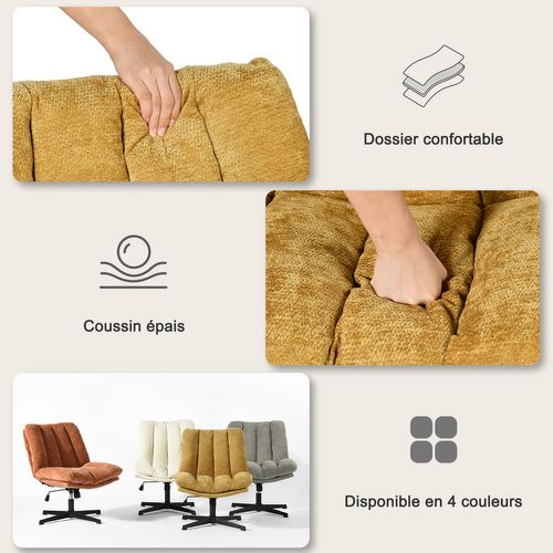 Fauteuil Salon Pivotant Sur 360°, Réglable En Hauteur, Sans Accoudoirs, En Tissu Chenille, Jaune