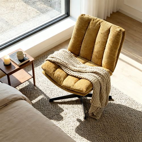 Fauteuil Salon Pivotant Sur 360°, Réglable En Hauteur, Sans Accoudoirs, En Tissu Chenille, Jaune
