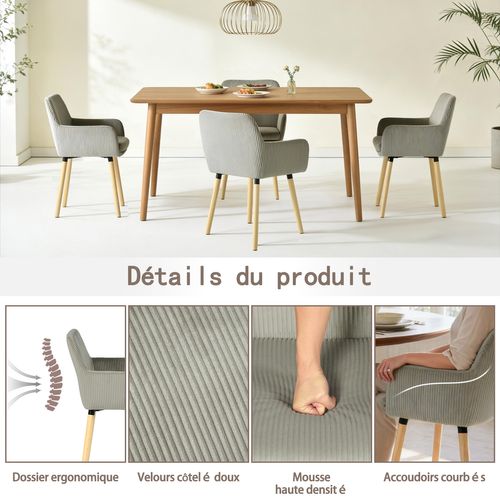 Lot De 2 Chaises De Salle à Manger Scandinave Rembourrée En Velours Côtelé, Pieds En Bois, Gris