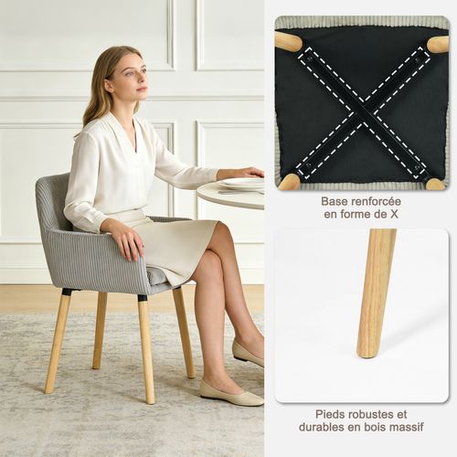 Lot De 2 Chaises De Salle à Manger Scandinave Rembourrée En Velours Côtelé, Pieds En Bois, Gris