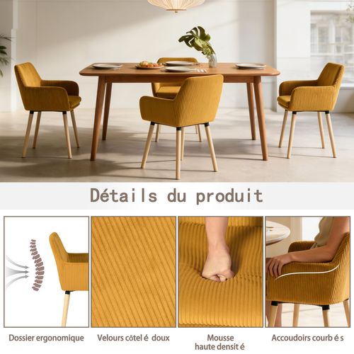 Lot De 2 Chaises De Salle à Manger Scandinave Rembourrée En Velours Côtelé, Pieds En Bois, Jaune