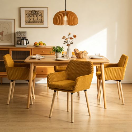 Lot De 2 Chaises De Salle à Manger Scandinave Rembourrée En Velours Côtelé, Pieds En Bois, Jaune