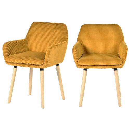 Lot De 2 Chaises De Salle à Manger Scandinave Rembourrée En Velours Côtelé, Pieds En Bois, Jaune