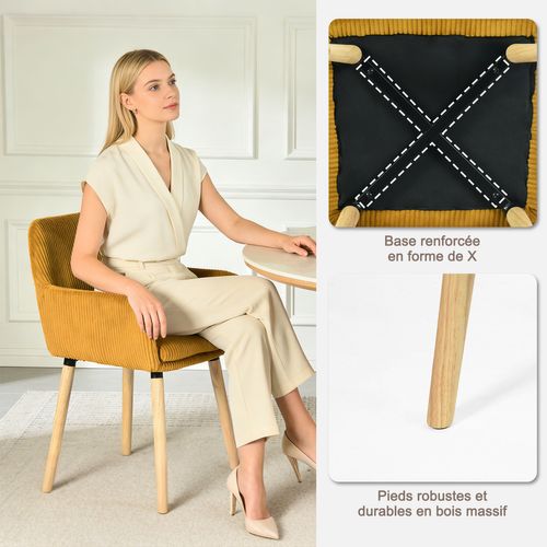 Lot De 2 Chaises De Salle à Manger Scandinave Rembourrée En Velours Côtelé, Pieds En Bois, Jaune