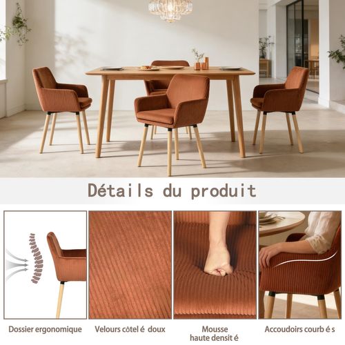 Lot De 4 Chaises De Salle à Manger Scandinave Rembourrée En Velours Côtelé, Pieds En Bois, Rouge