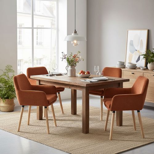 Lot De 4 Chaises De Salle à Manger Scandinave Rembourrée En Velours Côtelé, Pieds En Bois, Rouge