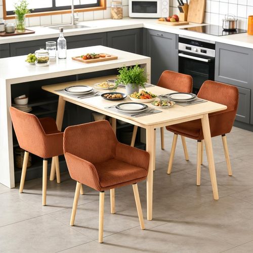 Lot De 4 Chaises De Salle à Manger Scandinave Rembourrée En Velours Côtelé, Pieds En Bois, Rouge