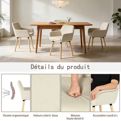 Lot De 6 Chaises De Salle à Manger Scandinave Rembourrée En Velours Côtelé, Pieds En Bois, Beige