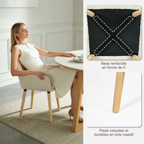 Lot De 6 Chaises De Salle à Manger Scandinave Rembourrée En Velours Côtelé, Pieds En Bois, Beige