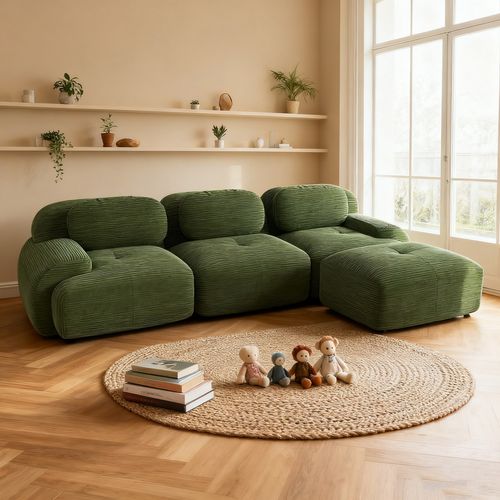 Canapé Modulable, 3 Places, Avec Accoudoirs, Revêtement En Velours Côtelé, Vert