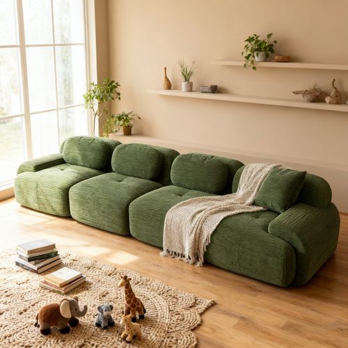 Canapé Modulable, 4 Places, Avec Accoudoirs, Revêtement En Velours Côtelé, Vert